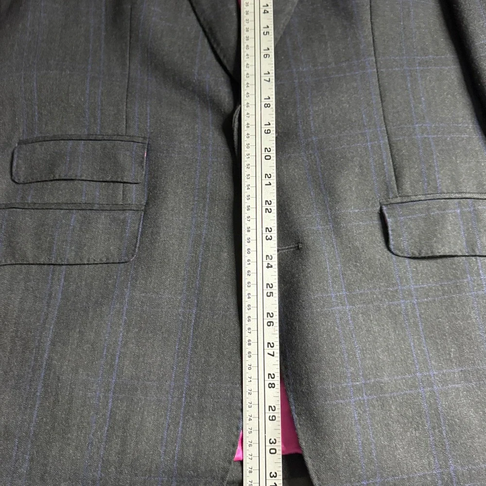Custom Tailored Jacket Mens 44R Charcoal Grey Herringbone‎ Windowpane Blazer